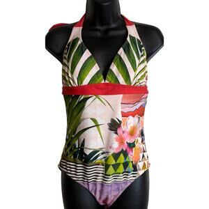 Prana Women One Piece Swimsuit Medium Halter Bathing Suit Carmine Pink Paradise